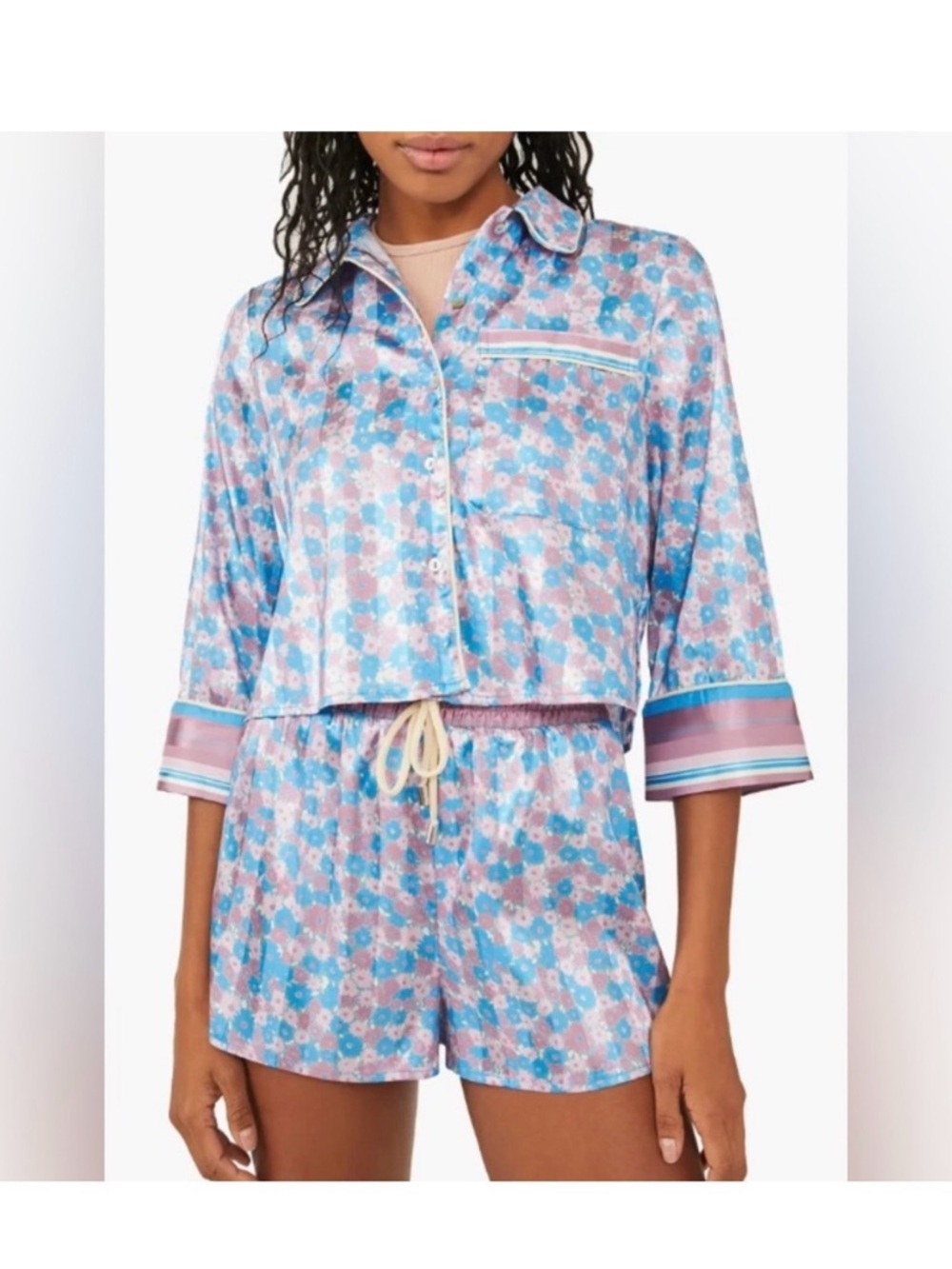 EUC Free people pillow talk Floral Blue & Pink Satin Sleep Shirt and Shorts Set - Picture 4 of 8
